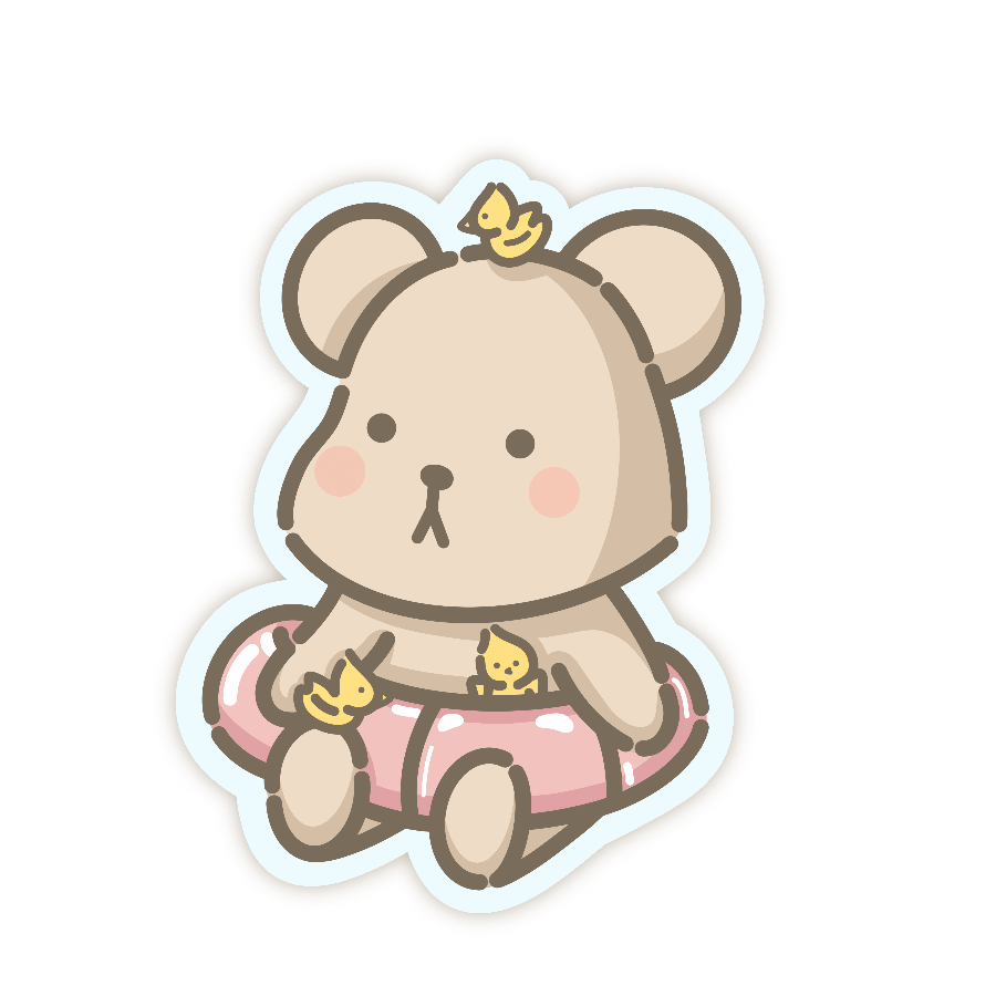 Wonki Studios' Beach Floatie Taro sticker design shows Taro the Bear sitting down while wearing a swim ring. He is also covered in ducks.