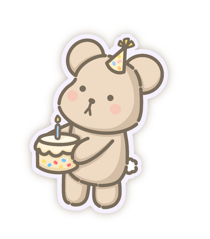 Wonki Studios' Birthday Taro sticker design shows Taro the Bear holding a cake to celebrate a birthday.