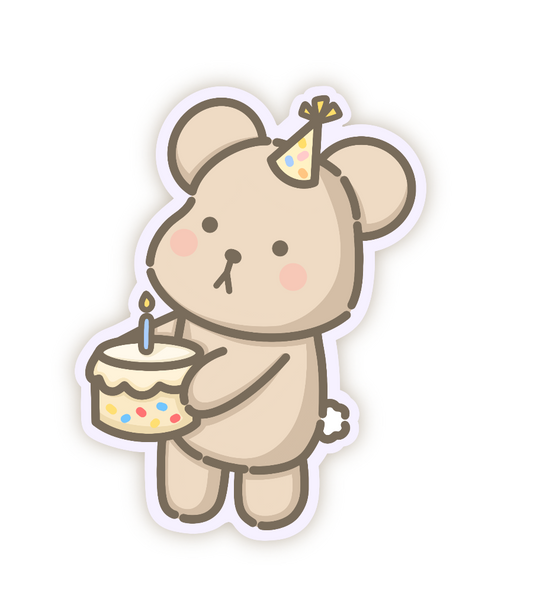 Wonki Studios' Birthday Taro sticker design shows Taro the Bear holding a cake to celebrate a birthday.