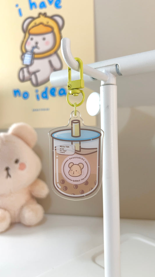 Wonki Studios' acrylic keychain featuring a Taro the Bear branded bubble tea drink